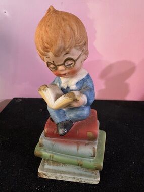 Lefton Blue and Brown hair Reading Boy Figurine